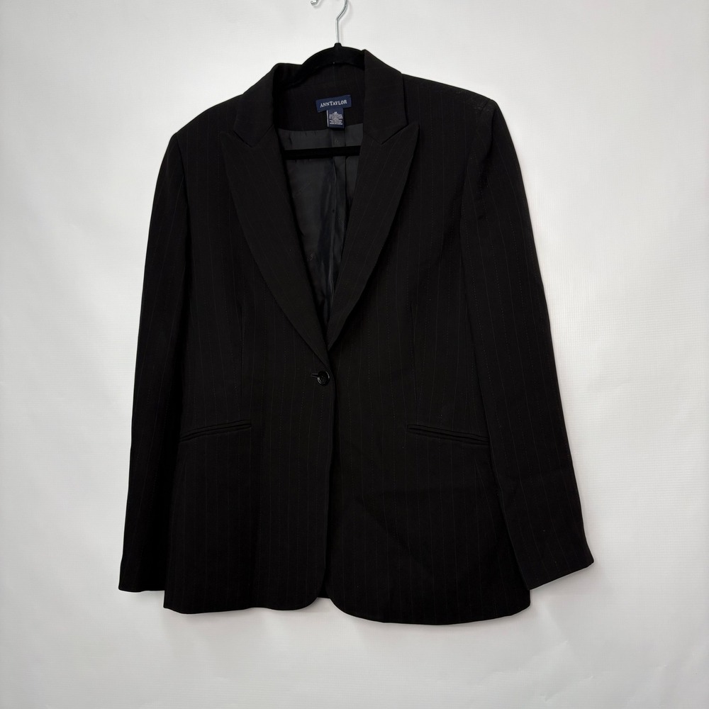 Ann Taylor Womens Black Pinstripe Single Button Blazer Jacket Size 12 Office